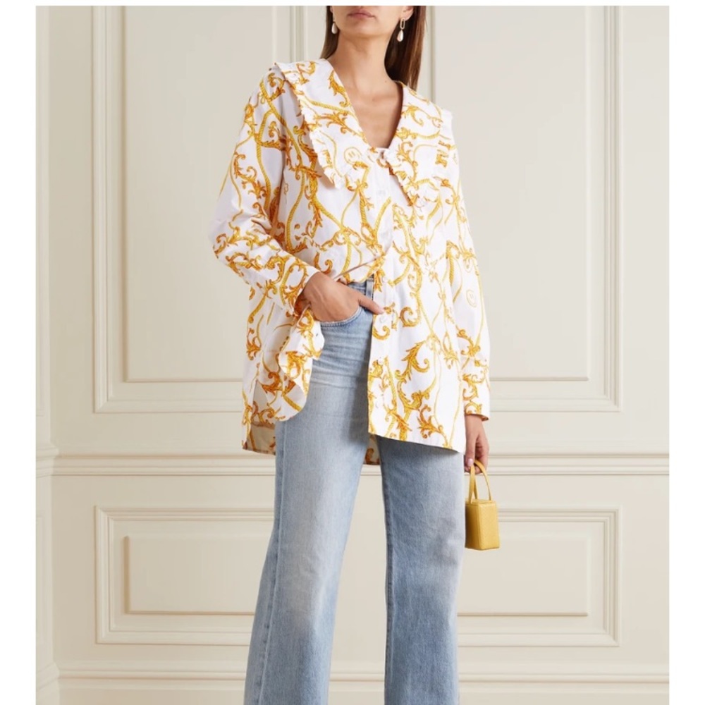 Ganni White Button-Down Shirt with Gold Baroque Print